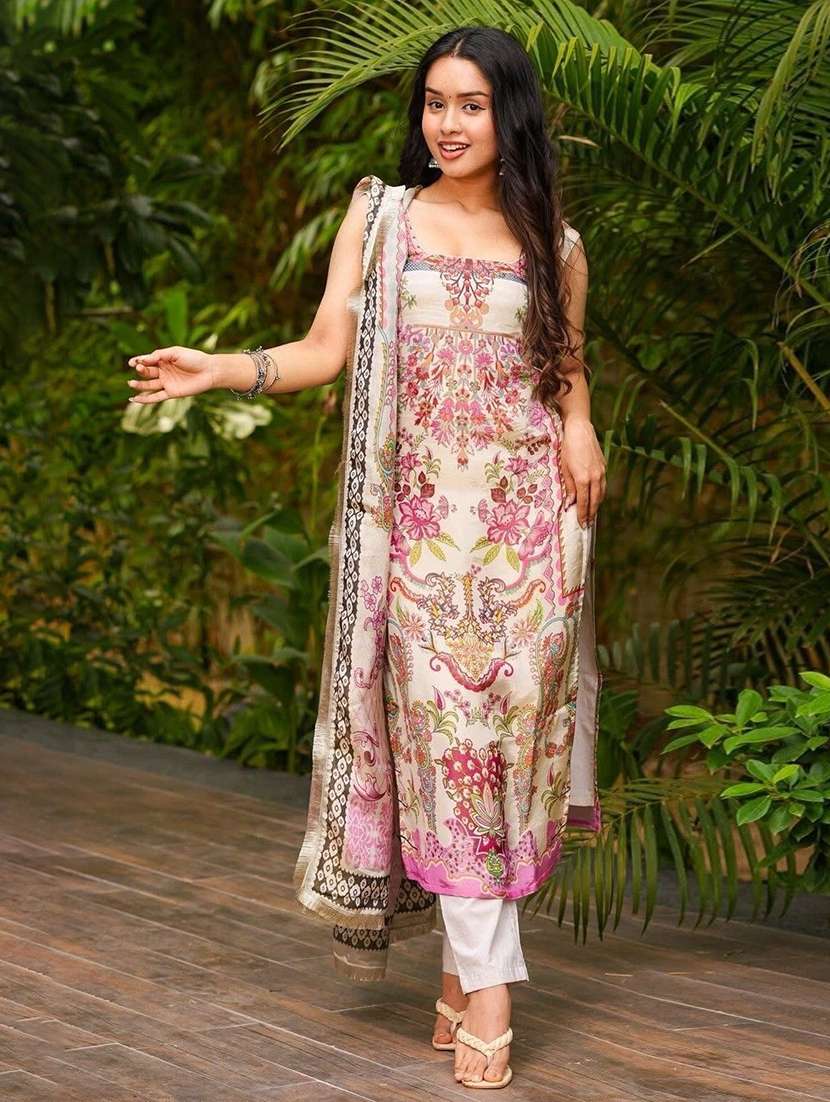 women printed sleeveless kurta pant set with dupatta