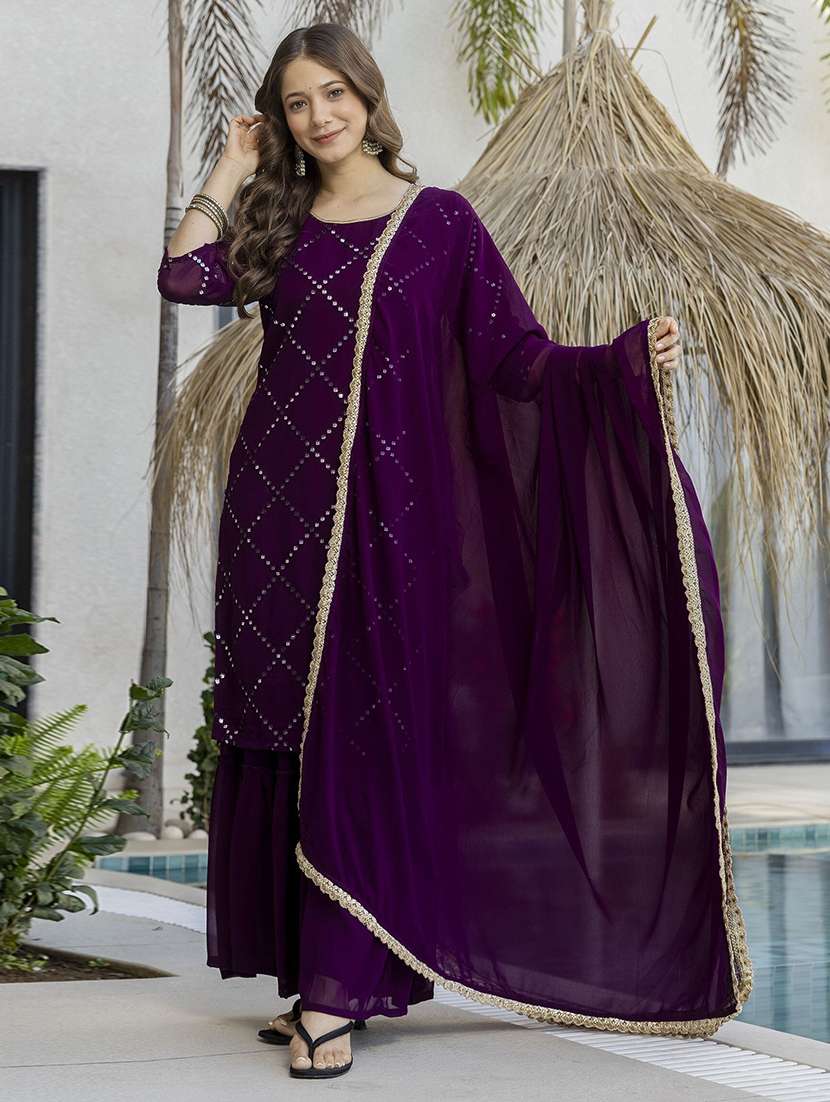 women embroidered three quarter sleeves kurta palazzo set with dupatta - 22579808 -  Standard Image - 3