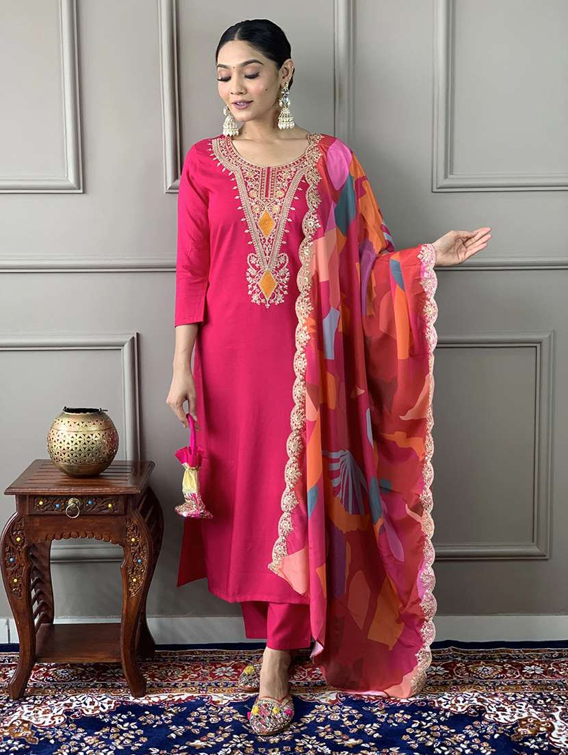 women embroidered three quarter sleeves kurta pant set with dupatta
