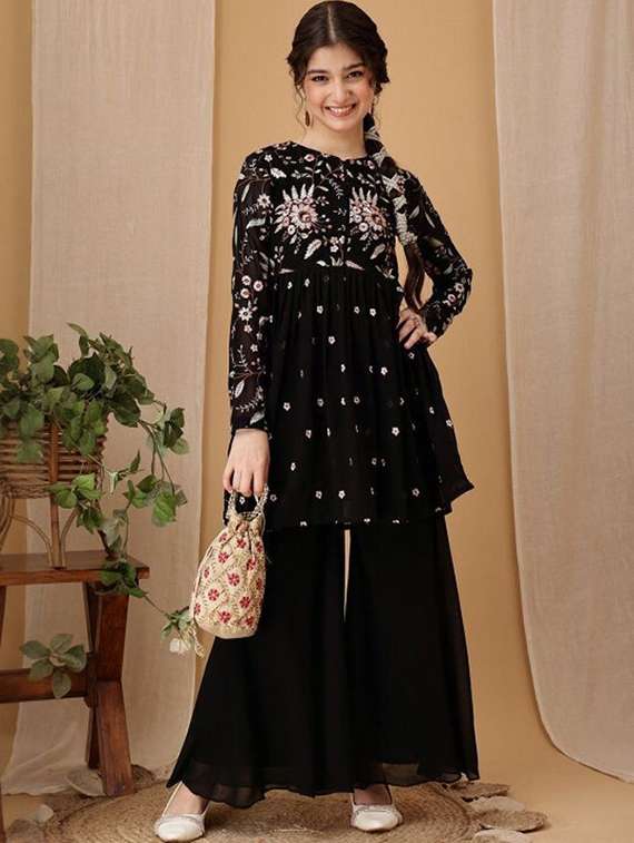 girls embroidered long sleeves kurta sharara set