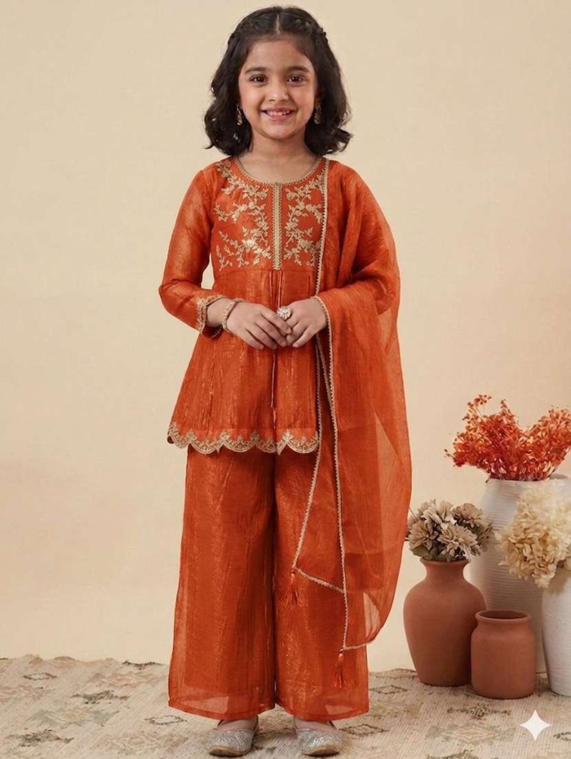 girls embroidered three quarter sleeves kurta pant set