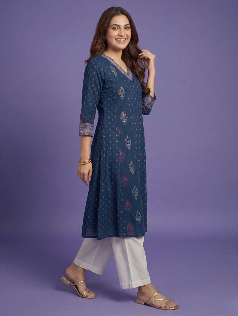 women printed three quarter sleeve a-line kurta - 22580169 -  Standard Image - 3