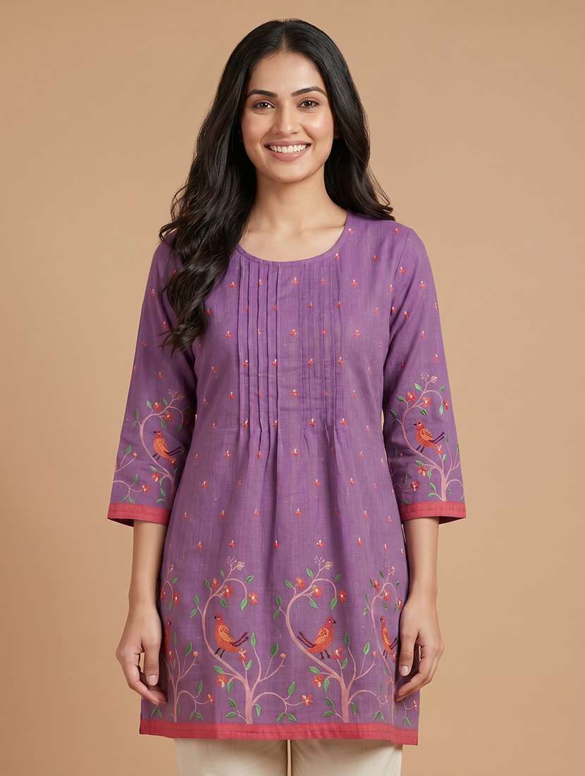 women printed three quarter sleeve a-line kurti