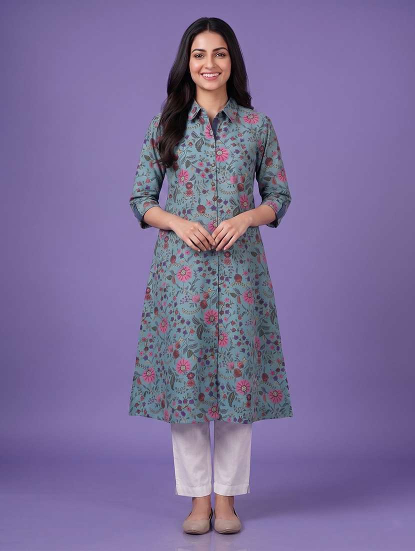 women printed three quarter sleeve a-line kurta