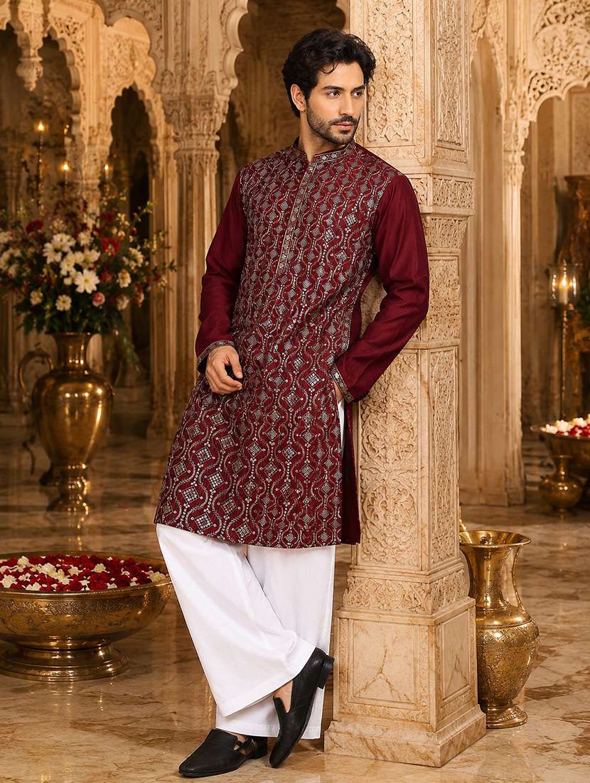 maroon rayon kurta pyjama ethnic wear set