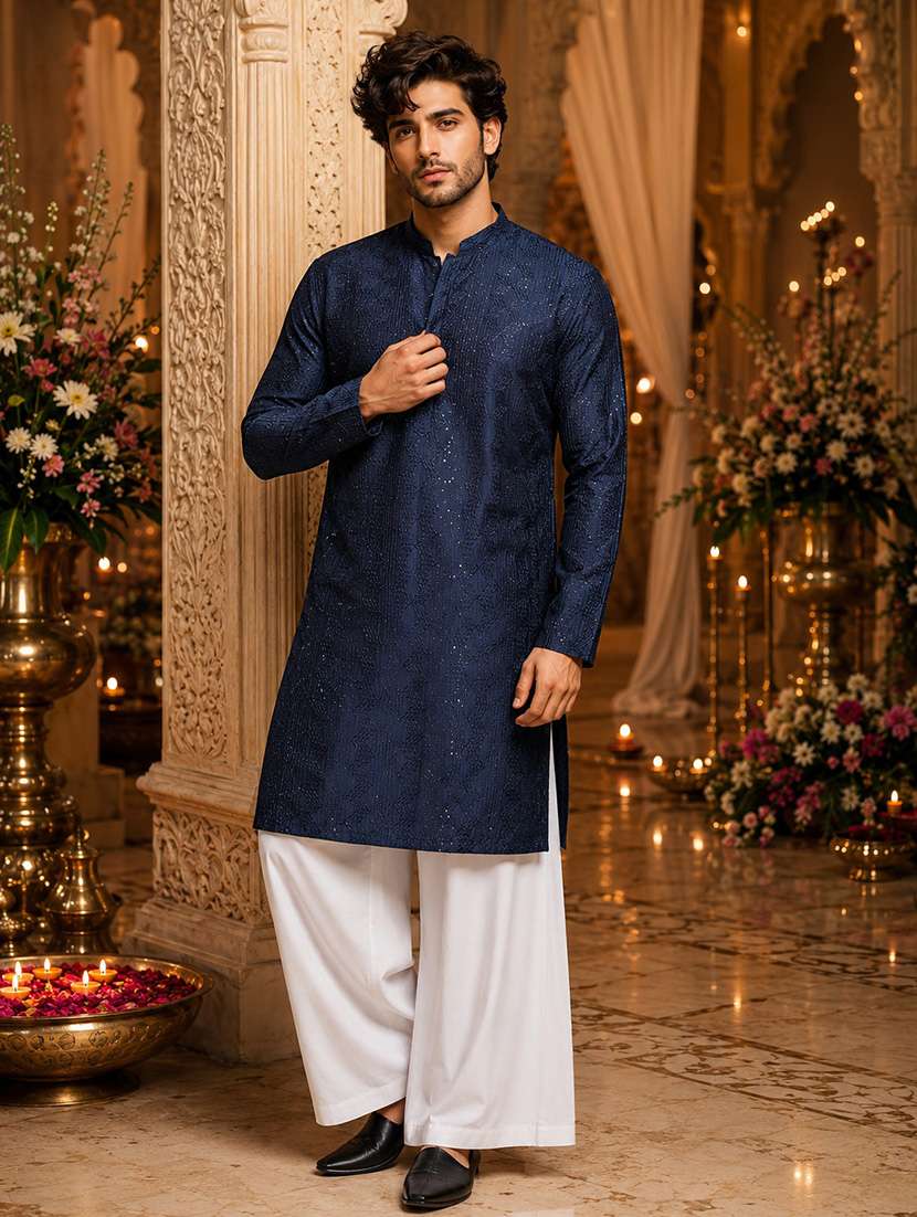 men embroidered mandarin neck kurta pyjama set