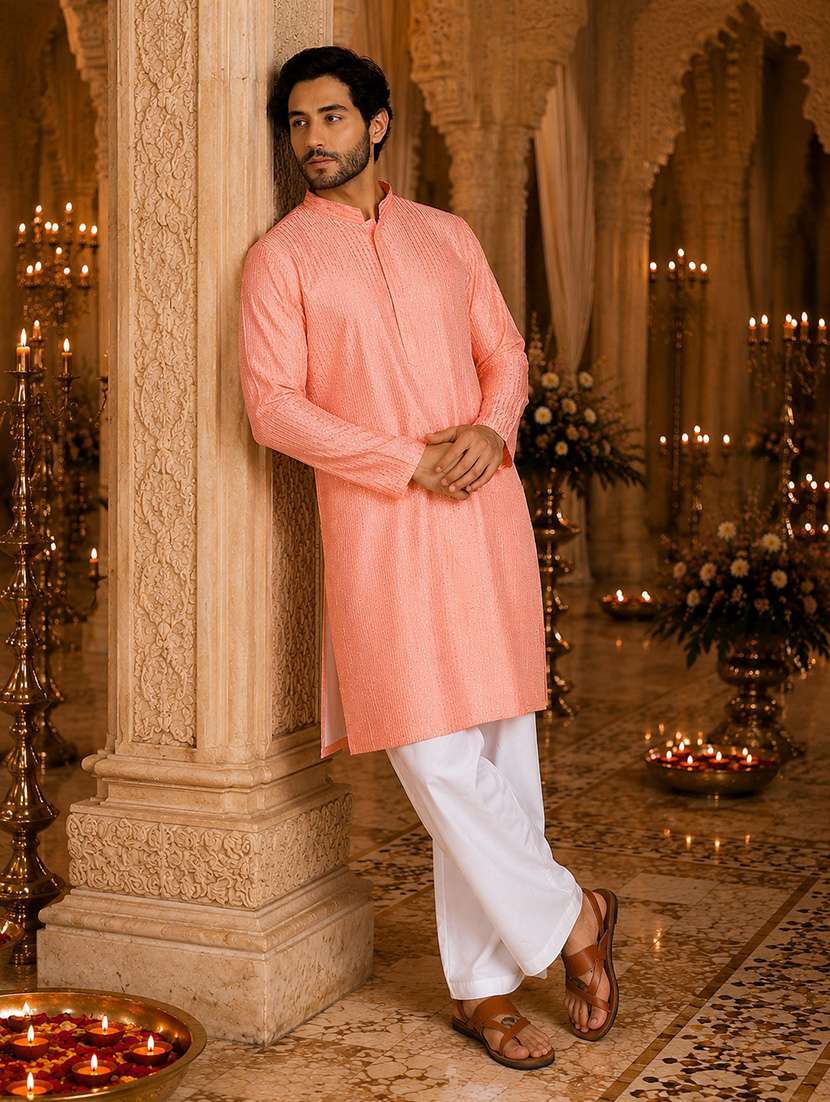 men embroidered mandarin neck kurta pyjama set