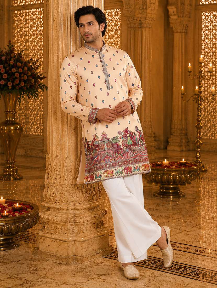men printed mandarin neck kurta pyjama set