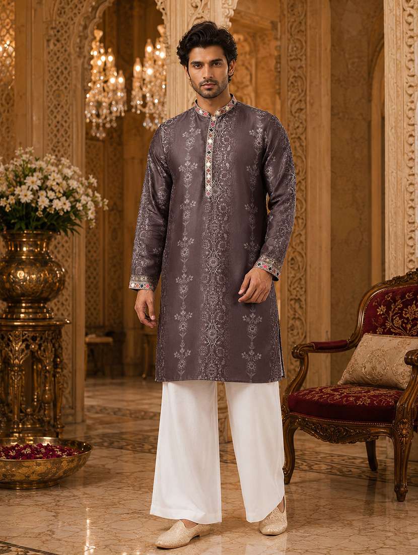 men printed mandarin neck kurta pyjama set