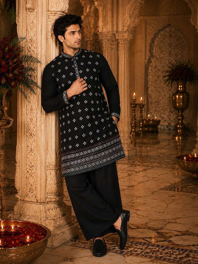 men embroidered mandarin neck kurta pyjama set