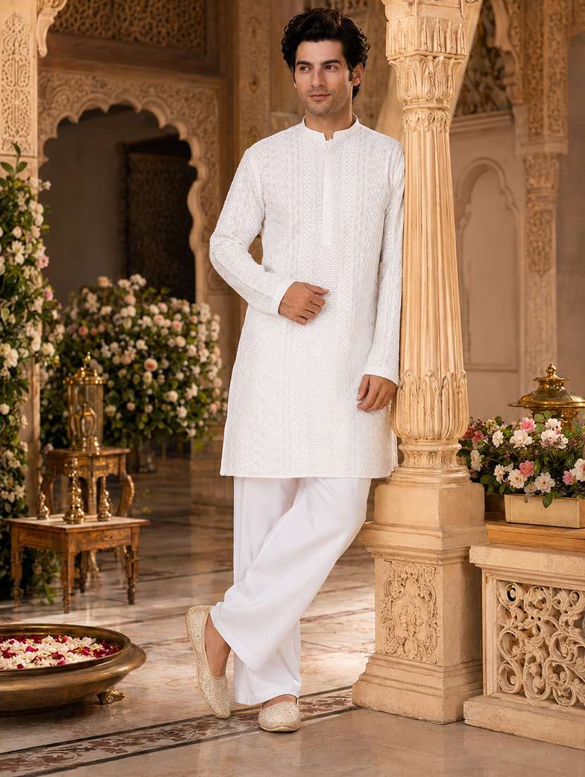 men embroidered mandarin neck kurta pyjama set