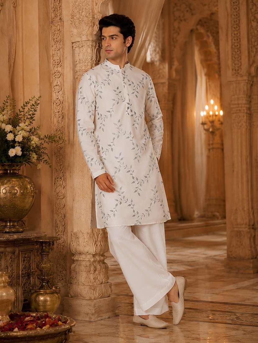 men embroidered mandarin neck kurta pyjama set