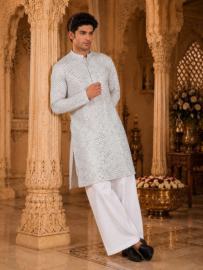 men embroidered mandarin neck kurta pyjama set