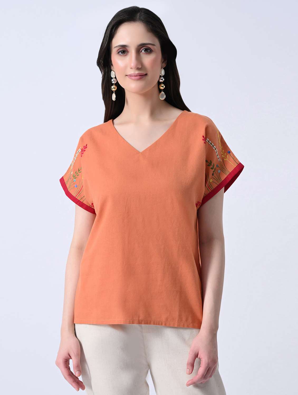 women embroidered v neck regular top