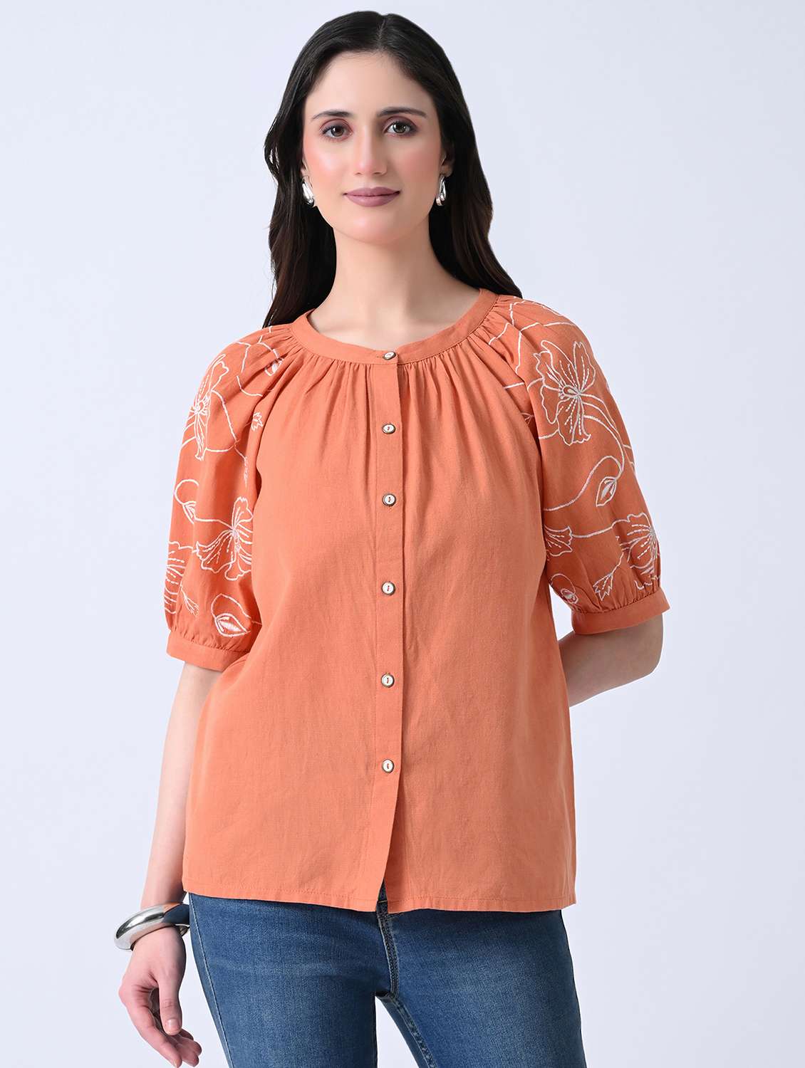 women embroidered round neck regular top