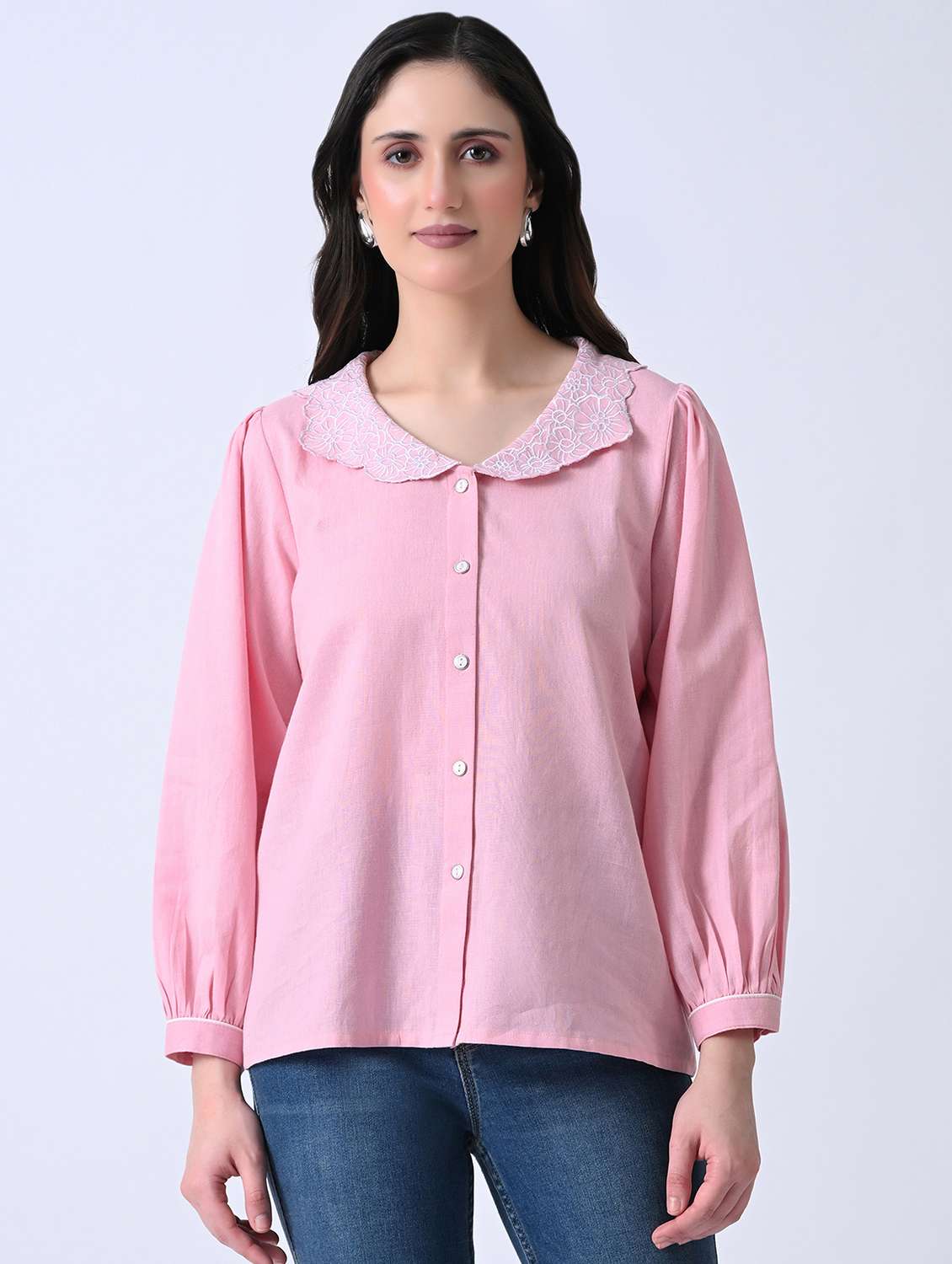 women embroidered long sleeves shirt style top