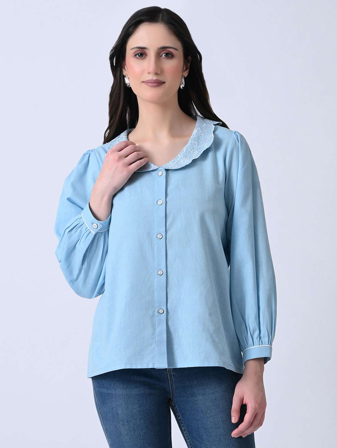 women embroidered round neck shirt style top
