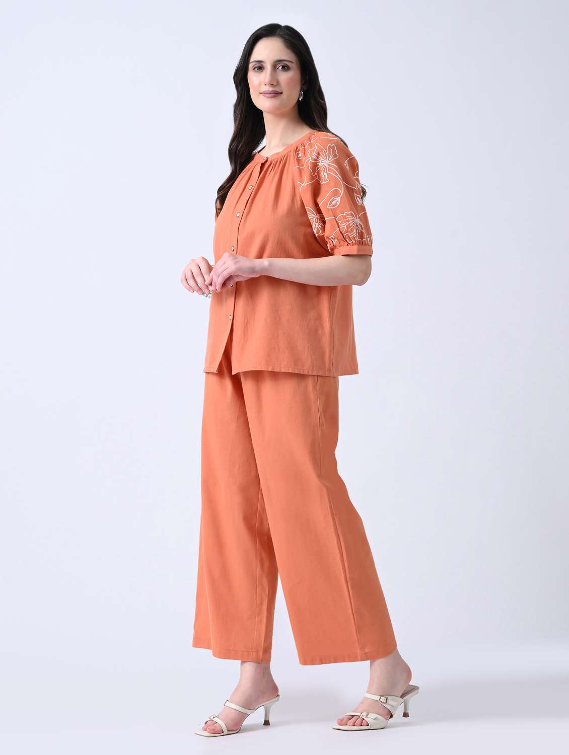 women embroidered puff sleeves top and trouser co-ord set - 22580459 -  Standard Image - 3