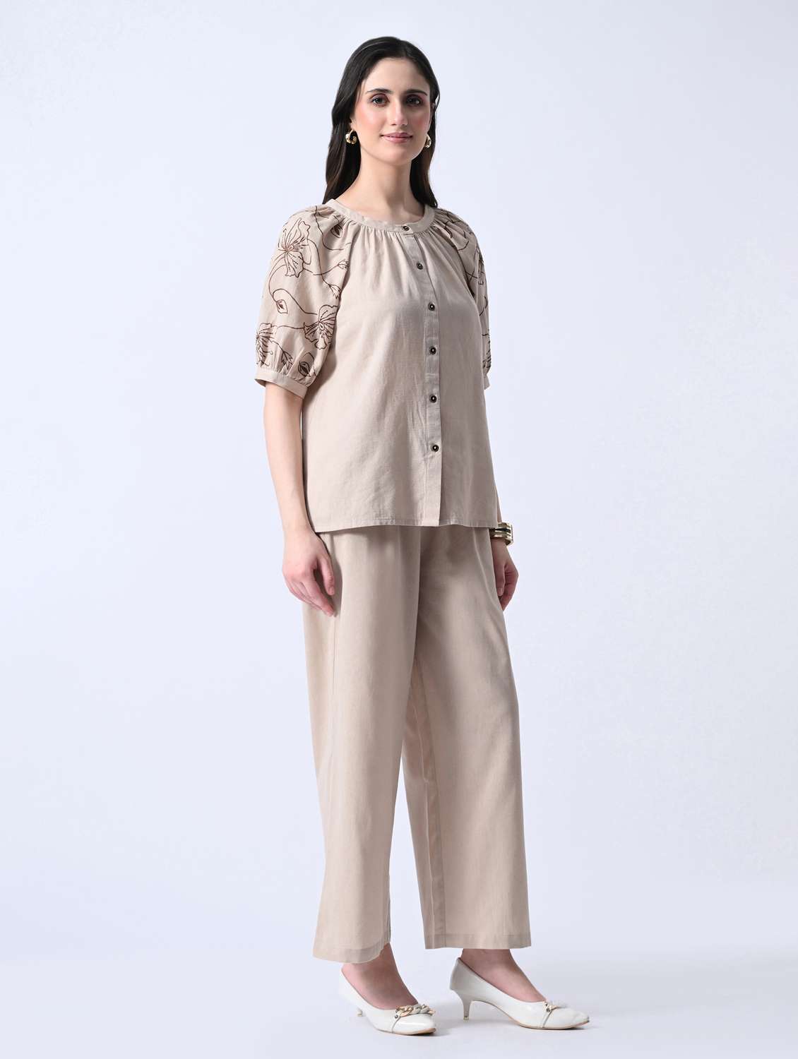 beige cotton top and palazzos set coord - 22580500 -  Standard Image - 3