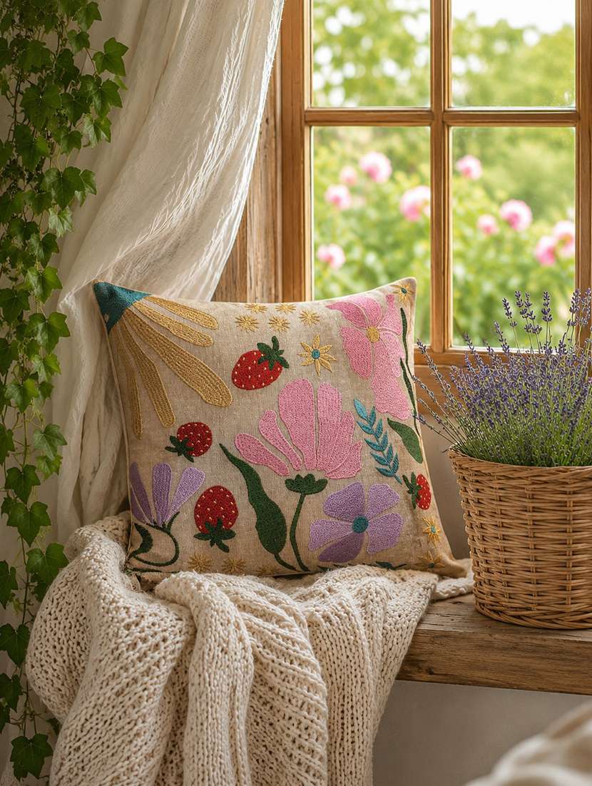 mezposh meadow threads beige cotton embroidered cushion cover (16"x16")