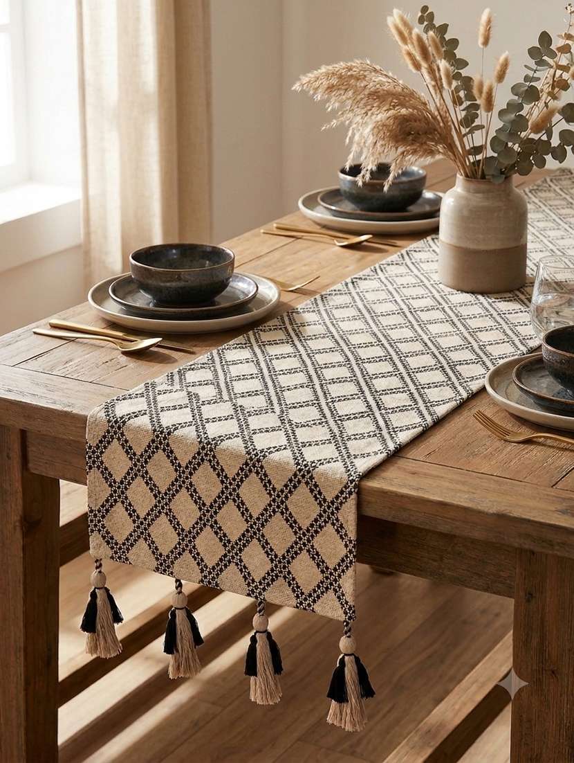 mezposh stave geometric cotton ivory table runner (6 seater)