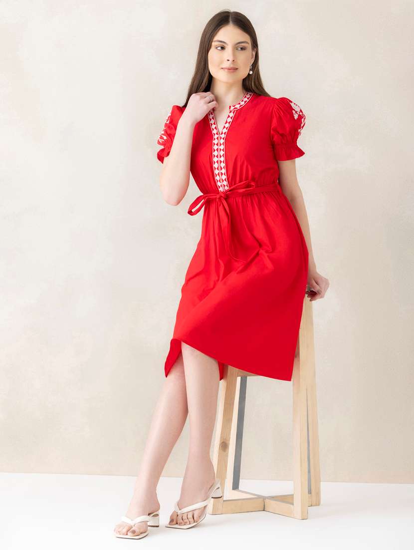 women embroidered puff sleeves a-line dress