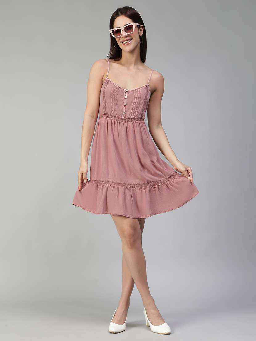 women solid shoulder strap tiered dress