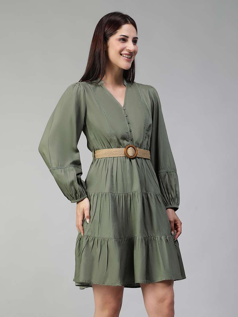 Women Solid Long Sleeves Tiered Dress - 22580545 -  Standard Image - 3
