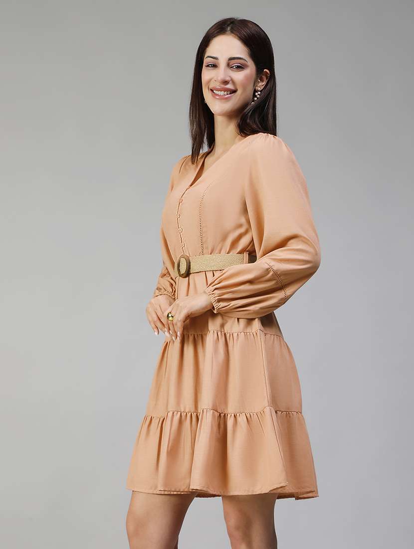 Women Solid Long Sleeves Tiered Dress - 22580547 -  Standard Image - 3