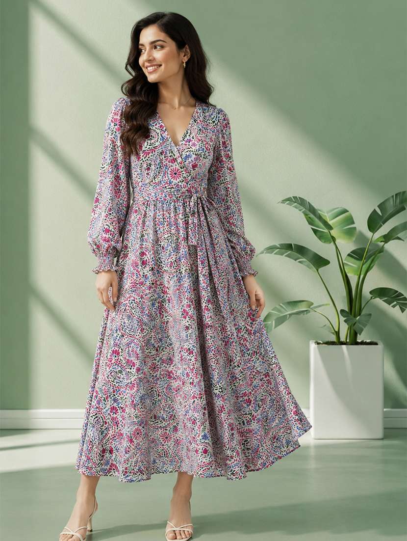 women printed long sleeves fit and flare dress