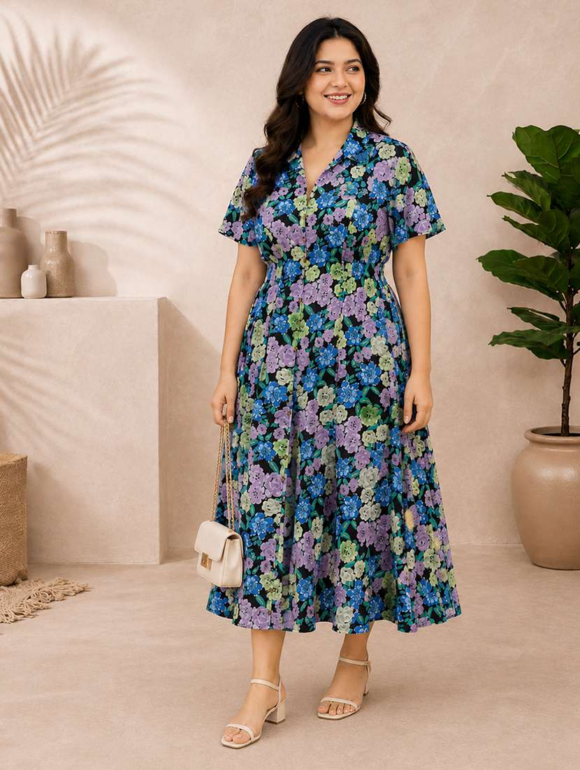 women printed short sleeves fit and flare dress