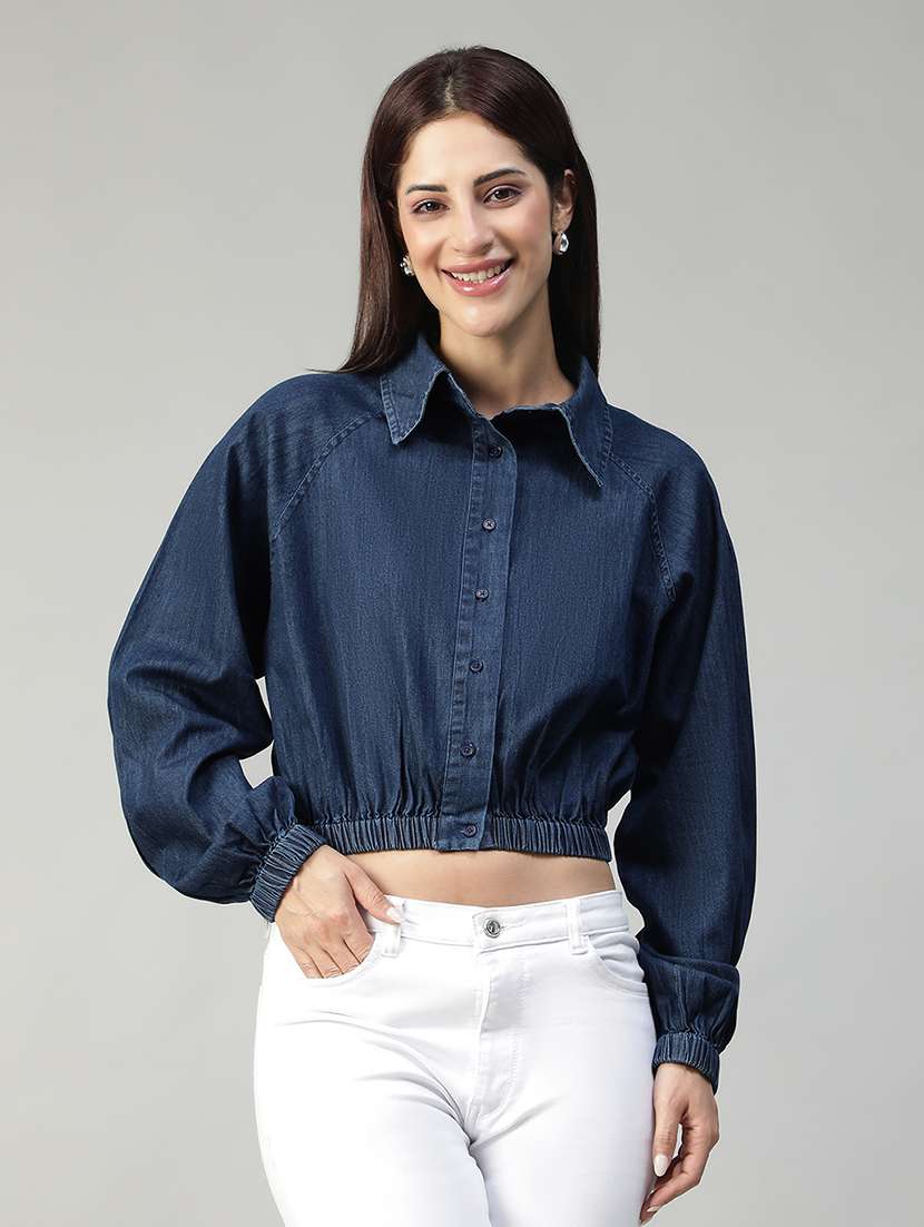 women solid long sleeves crop shirt