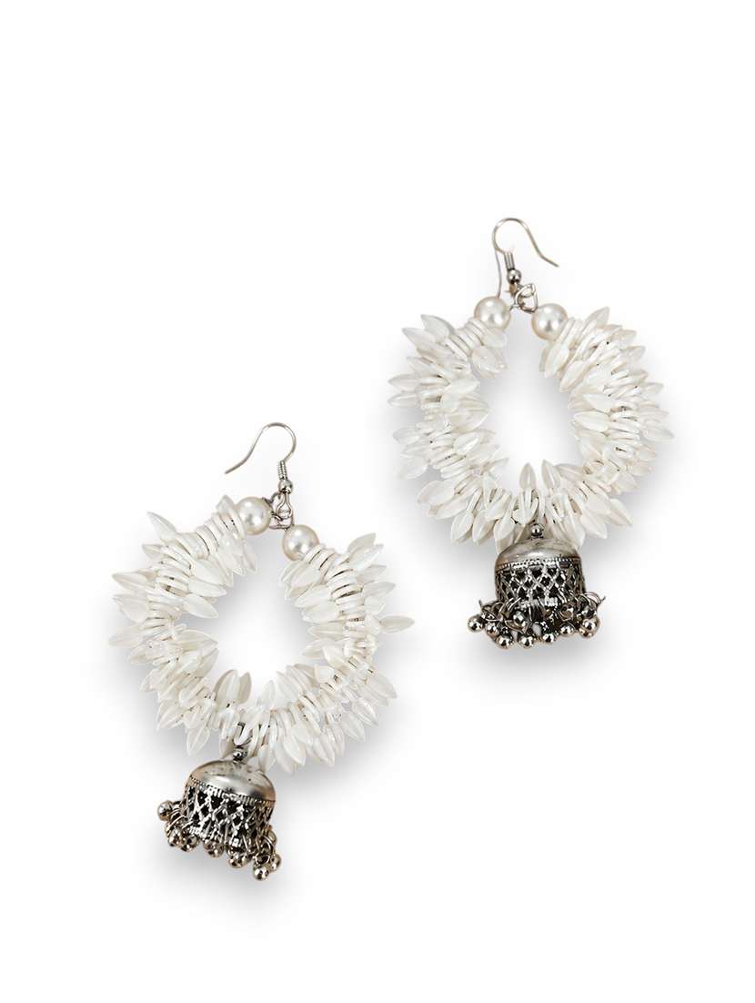 women's white shell hoop earrings with oxidised silver jhumka - 22580596 -  Standard Image - 3