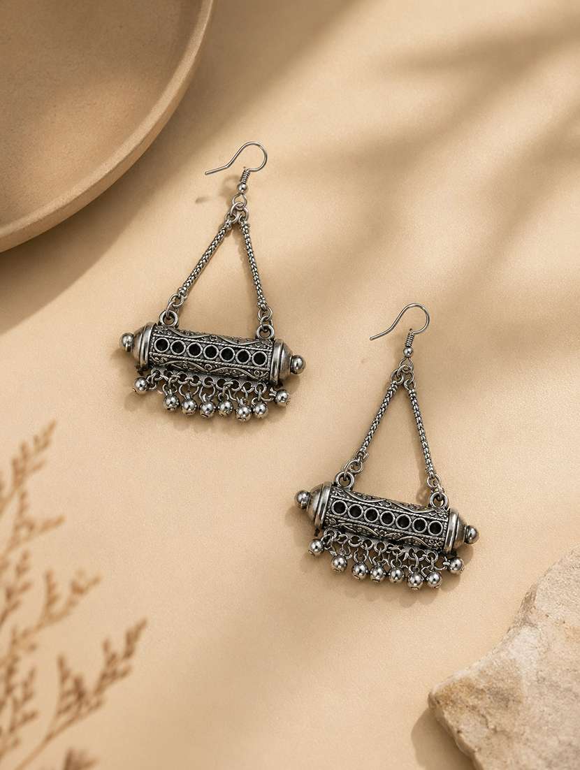 boho oxidised silver-toned tribal dangler earrings