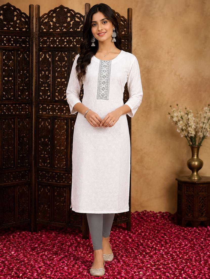 women solid with work three quarter sleeve straight kurta