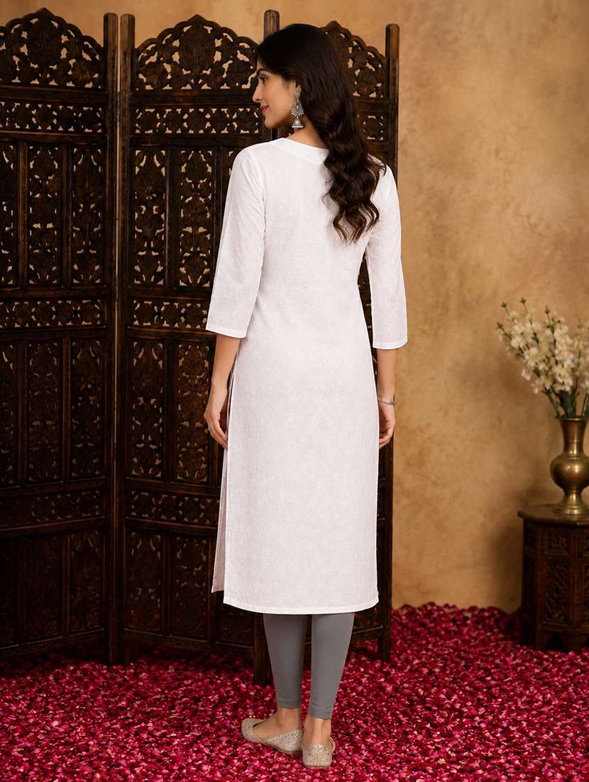women solid with work three quarter sleeve straight kurta - 22580610 -  Standard Image - 3