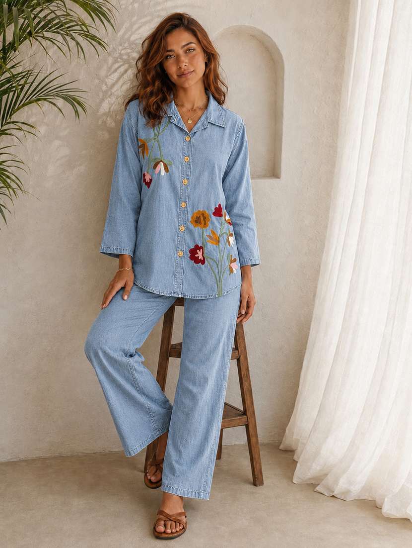 women embroidered long sleeves shirt and trouser co-ord set