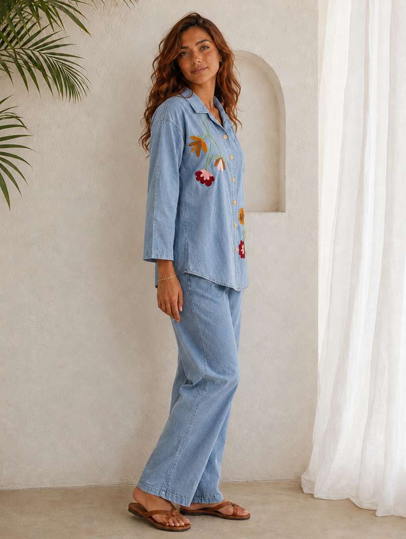 women embroidered long sleeves shirt and trouser co-ord set - 22580627 -  Standard Image - 3