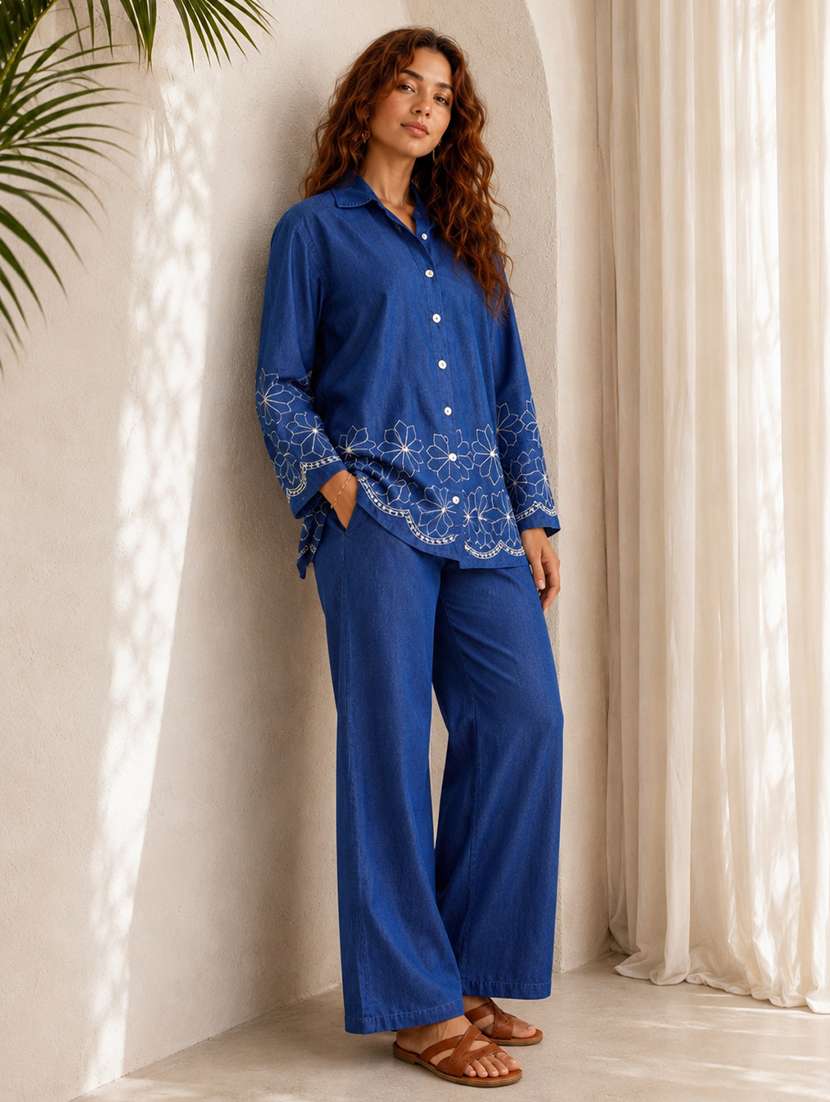 women embroidered long sleeves shirt and trouser co-ord set - 22580636 -  Standard Image - 3