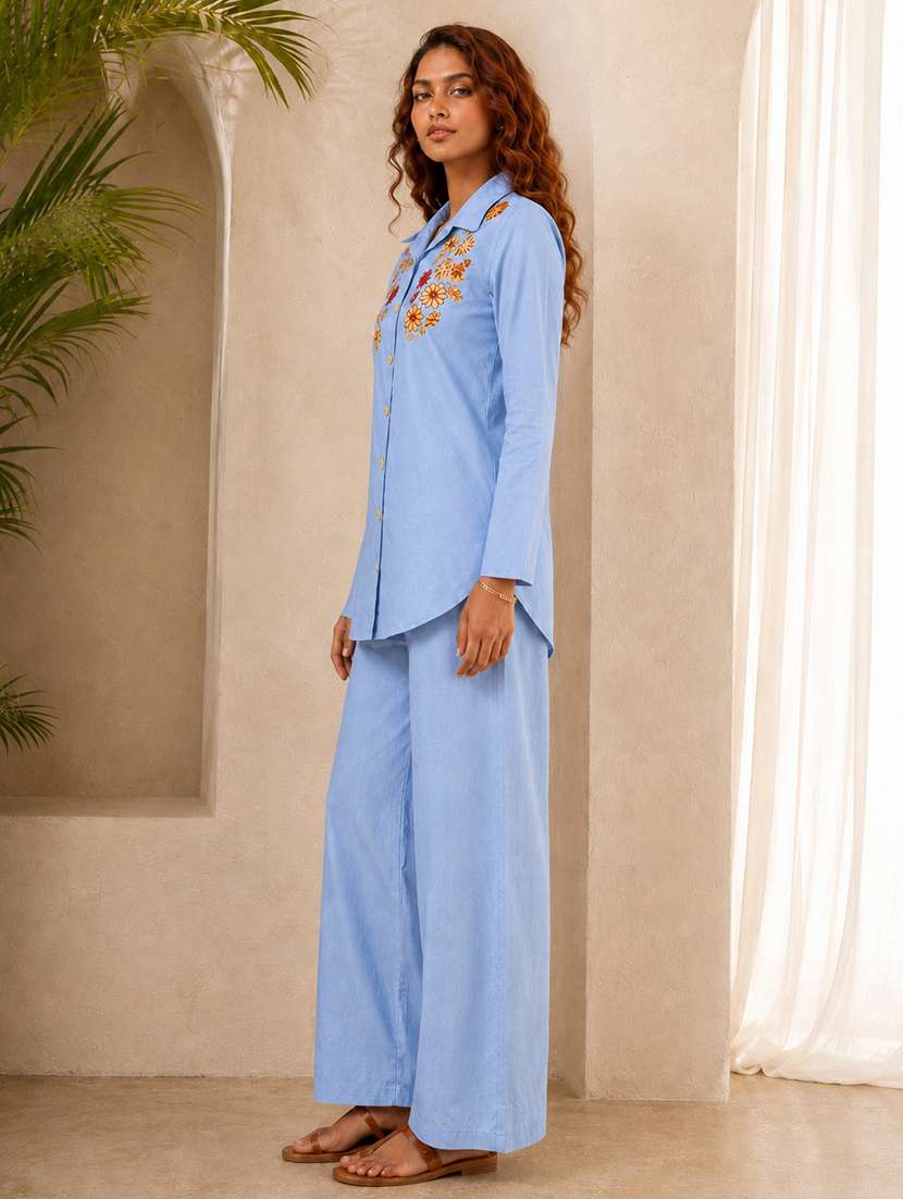 women embroidered long sleeves shirt and trouser co-ord set - 22580641 -  Standard Image - 3