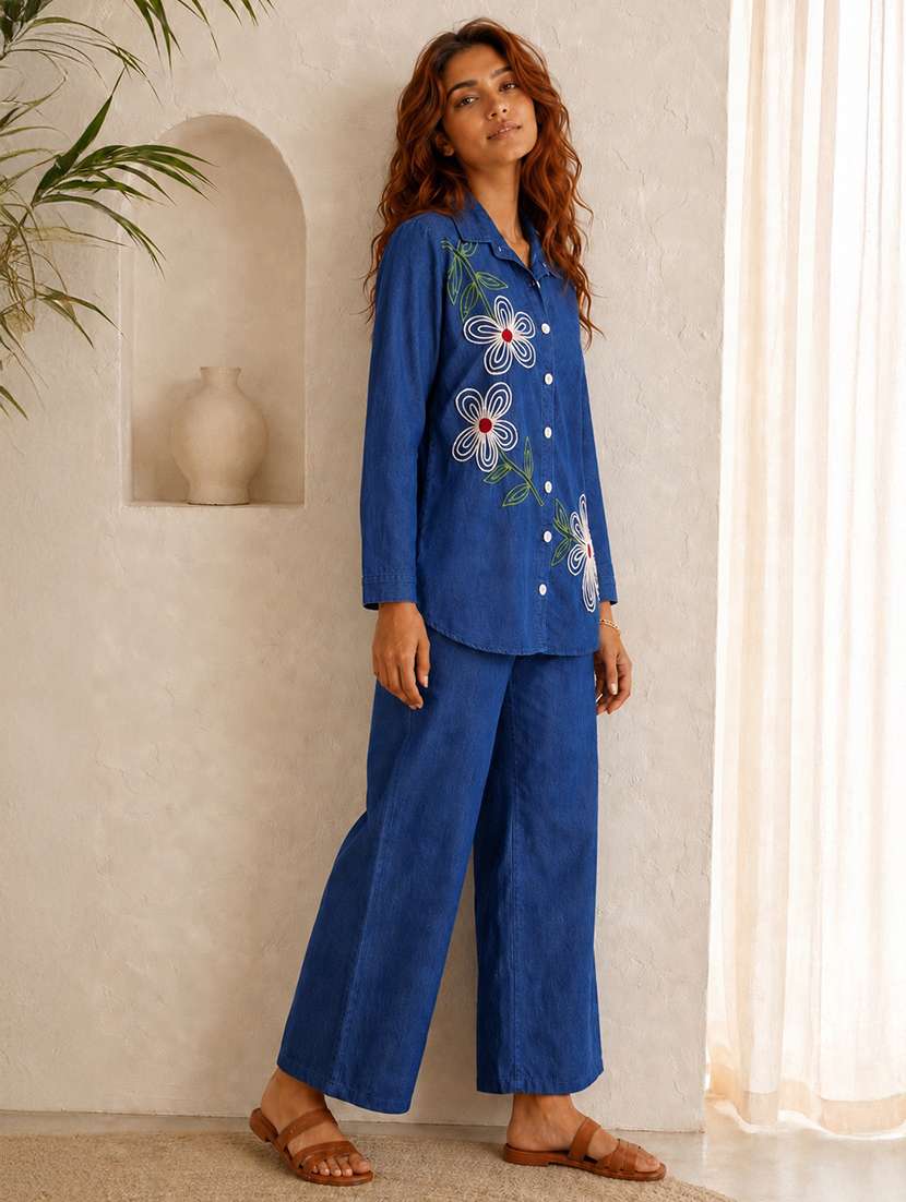 women embroidered long sleeves shirt and trouser co-ord set - 22580646 -  Standard Image - 3