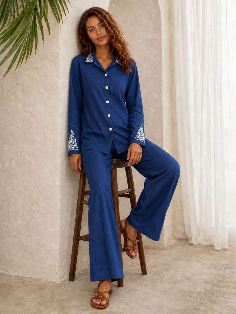 women embroidered long sleeves shirt and trouser co-ord set