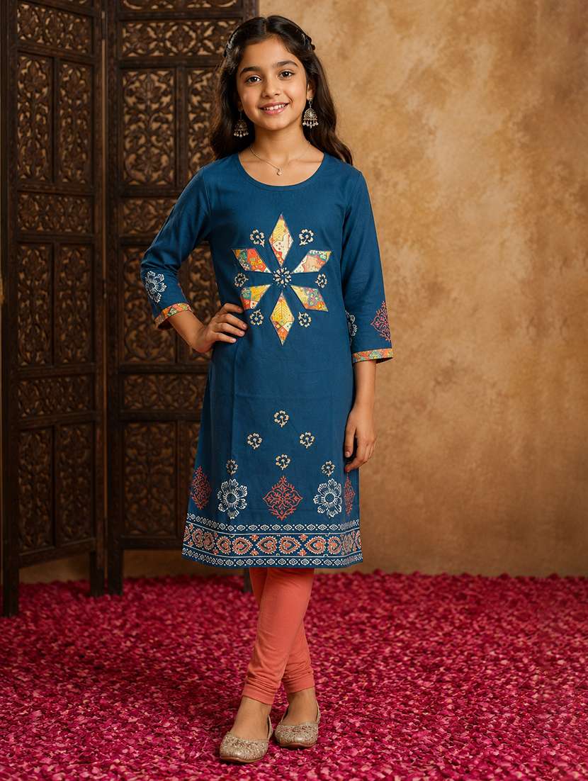 girls printed three quarter sleeves straight kurta