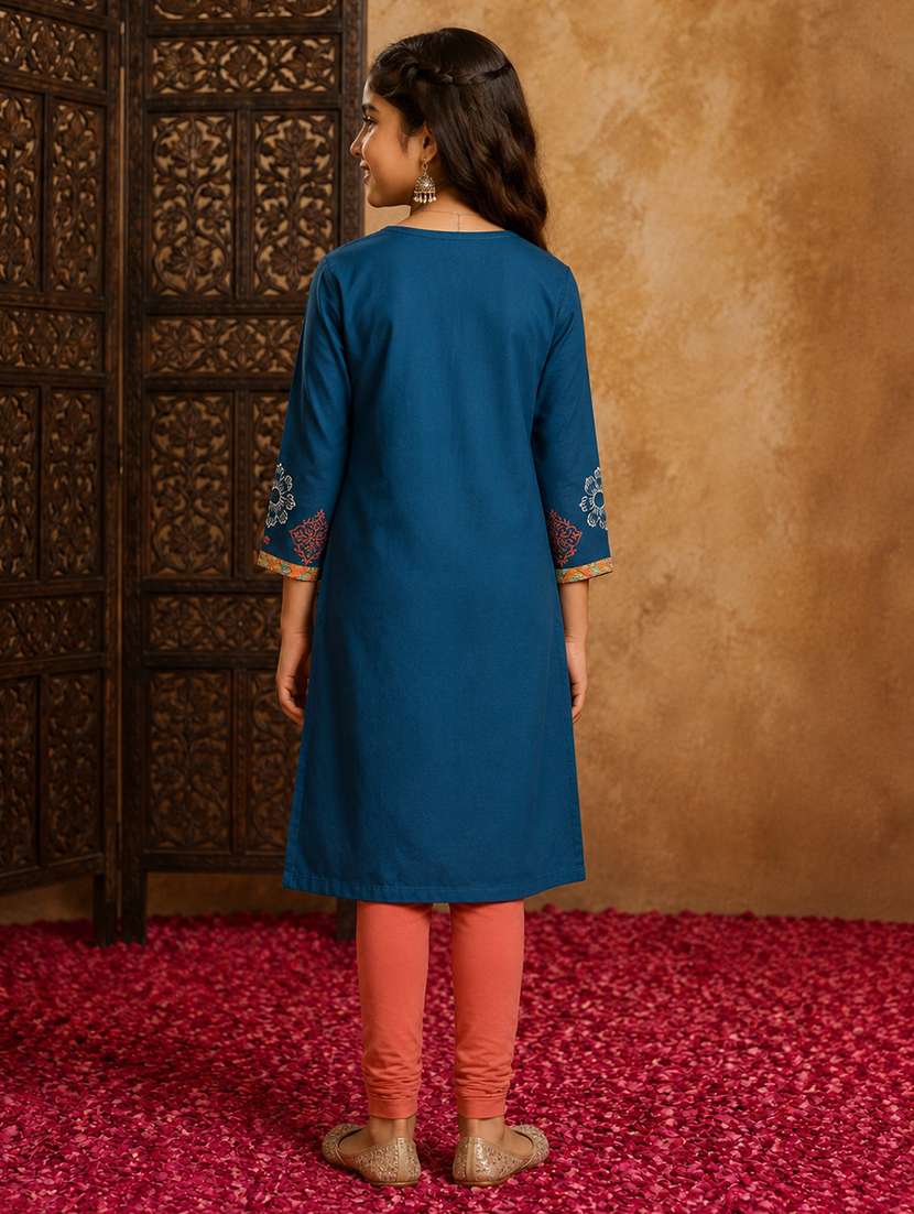 girls printed three quarter sleeves straight kurta - 22580666 -  Standard Image - 3