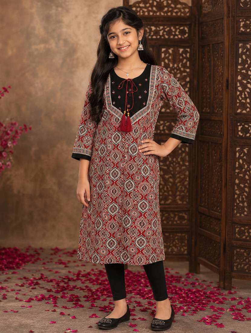 girls printed three quarter sleeves a-line kurta