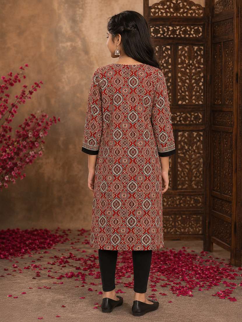 girls printed three quarter sleeves a-line kurta - 22580669 -  Standard Image - 3