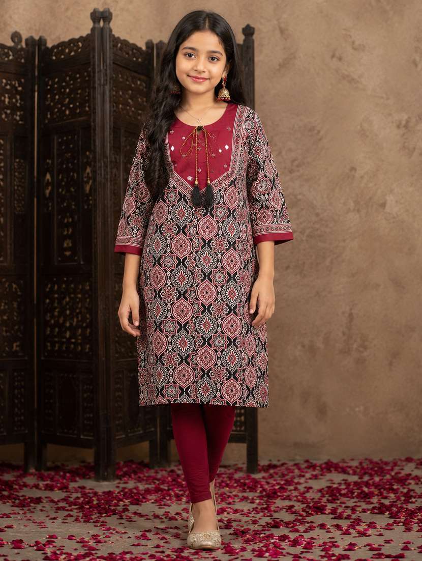girls printed three quarter sleeves a-line kurta