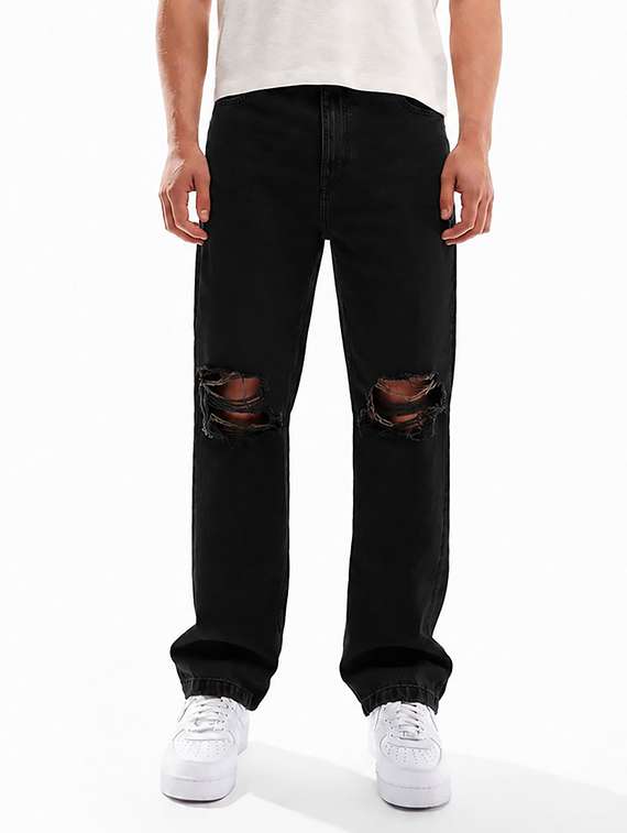 men slash knee mid rise full length baggy jeans