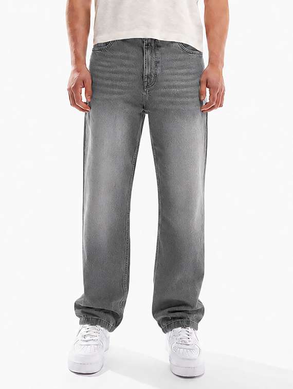 men washed mid rise full length baggy jeans