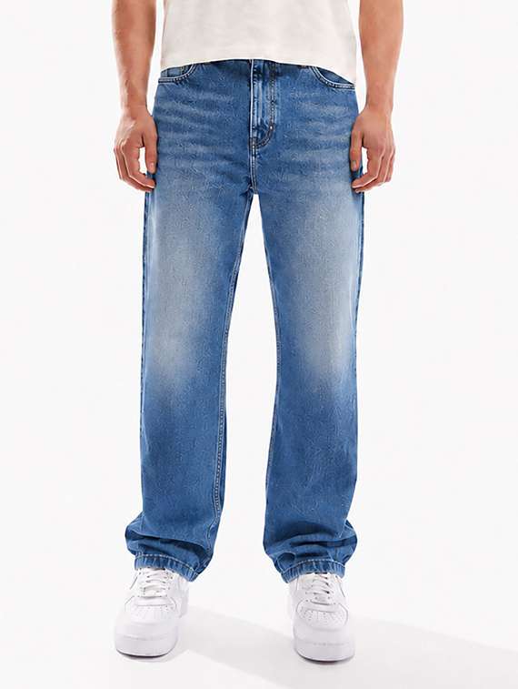 men washed mid rise full length baggy jeans